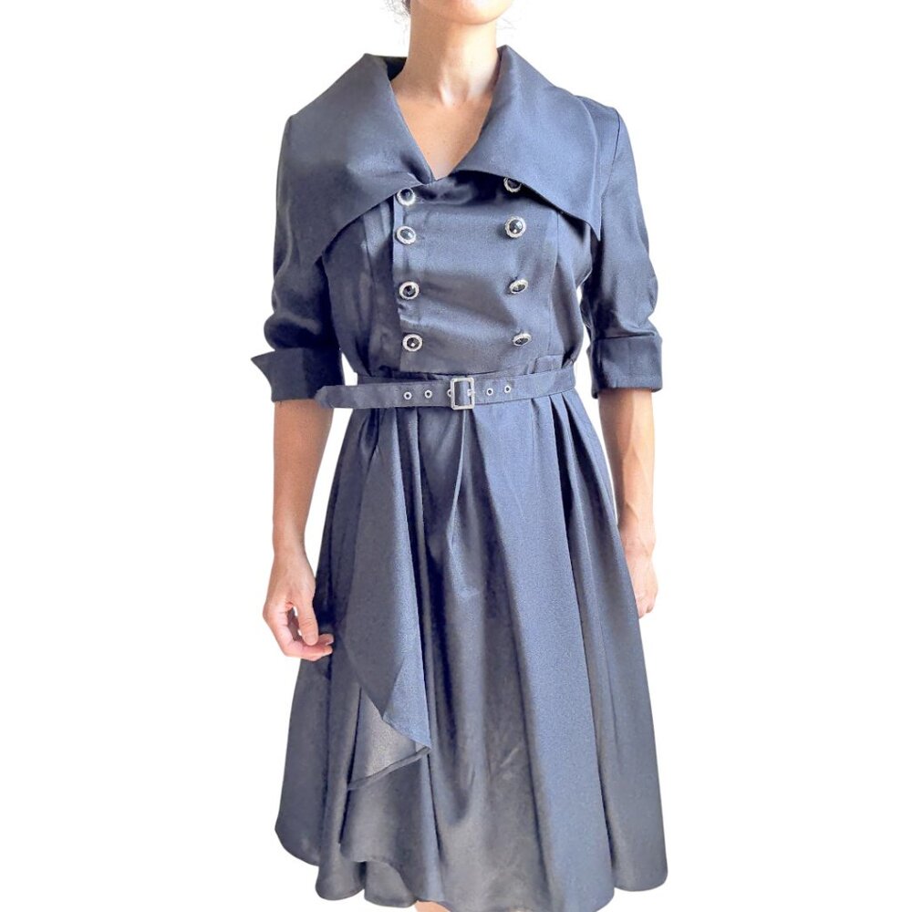 Black Satin Full‑Circle Dress – Double‑Breasted, Belted, Party Ready Swing Skirt